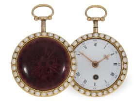 Taschenuhr: Hochfeine englische Gold/Emaille Spindeluhr mit Orientperlenbesatz, ca. 1790: Ca. Ø