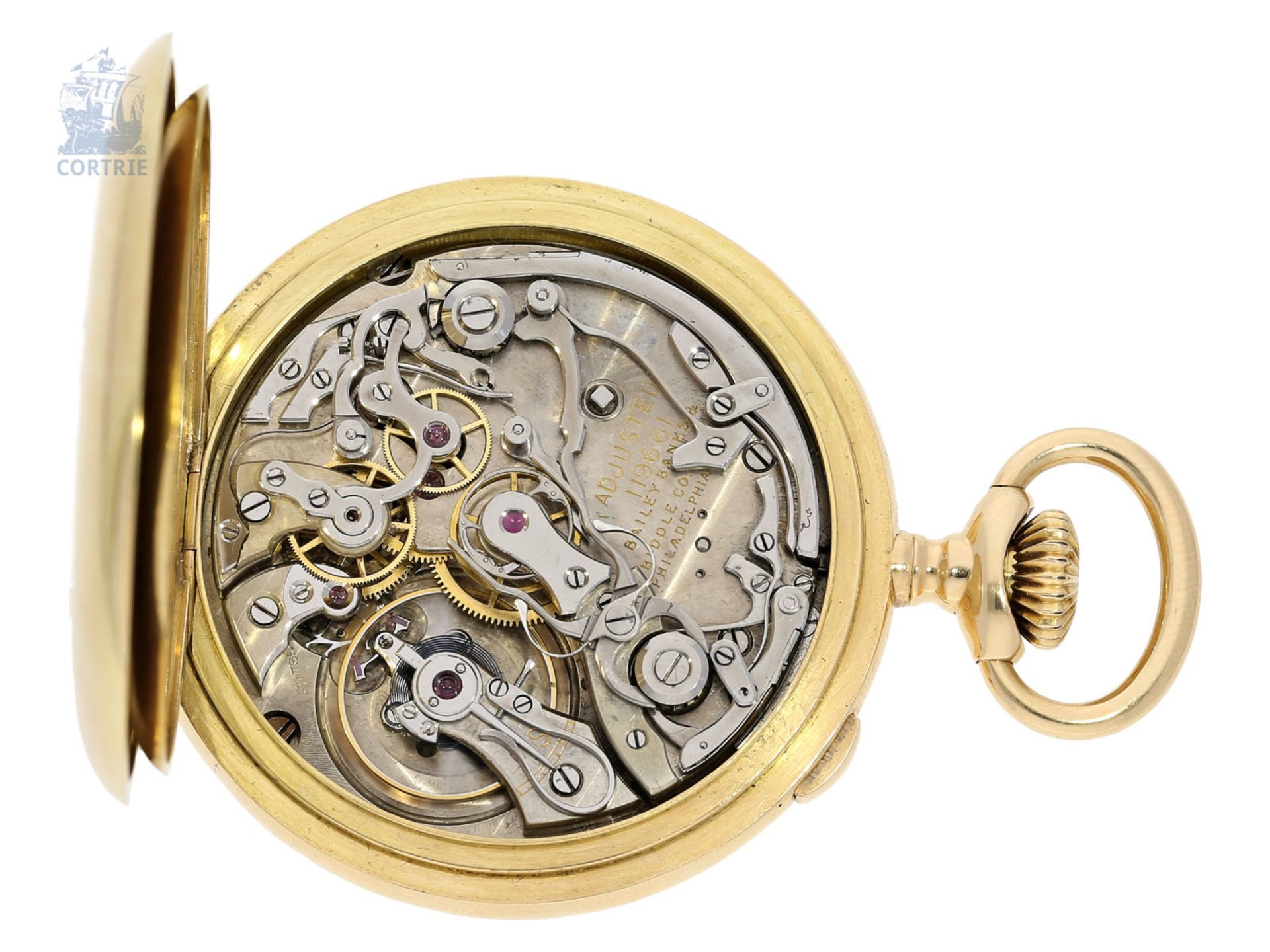 Pocket watch: very fine, small chronograph Rattrapante, gold/enamel case, Bailey, Banks & Biddle, no - Image 6 of 7