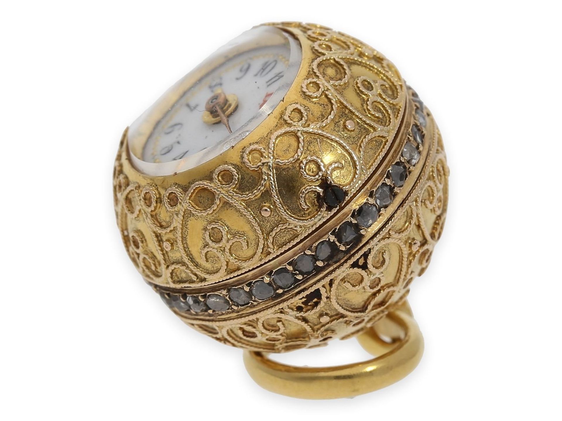 Form watch/ pendant watch: exquisite "Boule de Geneve" ball form watch with granulation and diamond  - Image 3 of 6