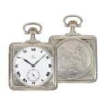 Taschenuhr: sehr seltene quadratische Jugendstil-Taschenuhr von Omega, Silber, ca.1900: Ca. 49 ×