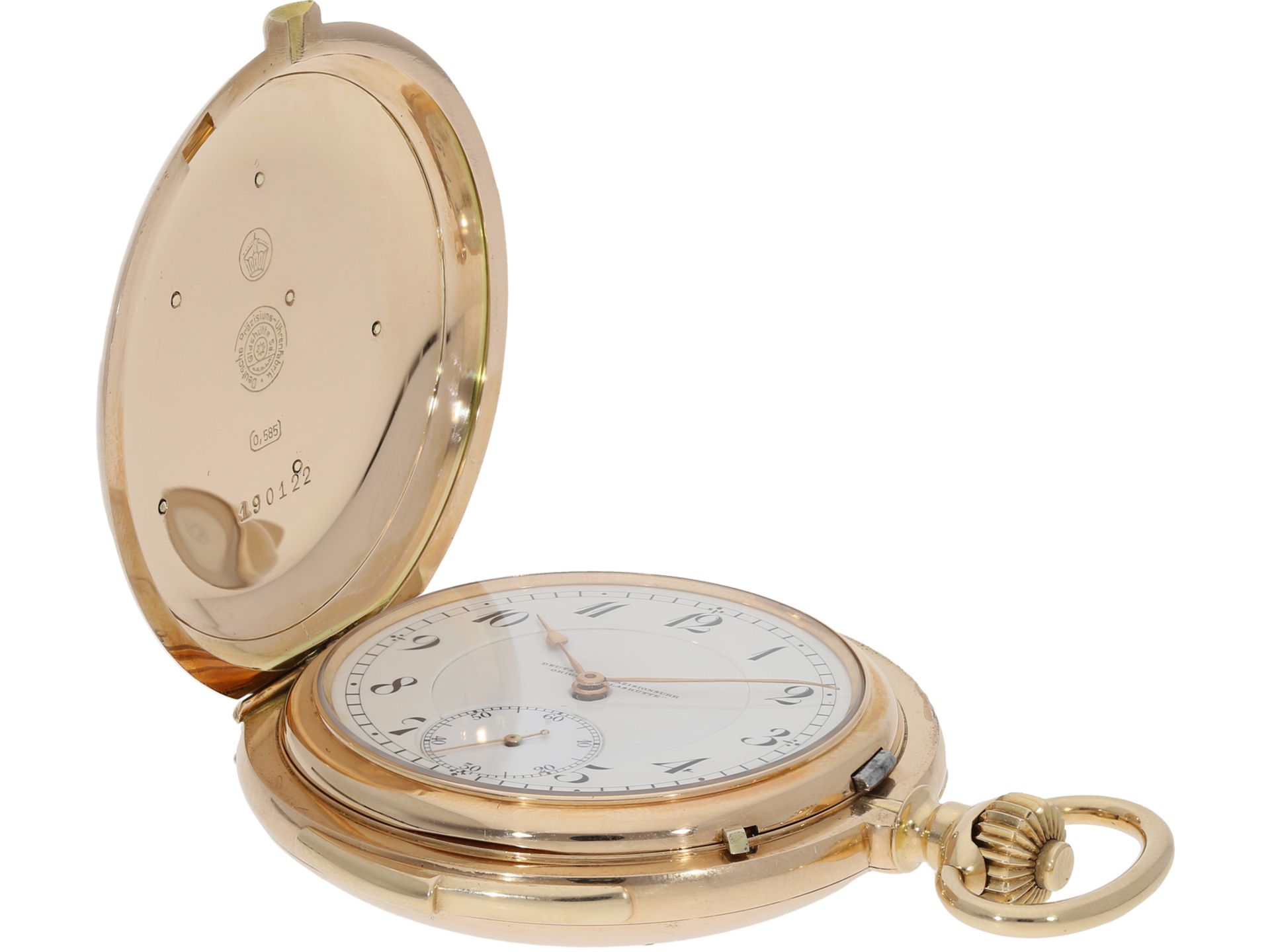 Taschenuhr: beeindruckende und extrem seltene Glashütter Goldsavonnette mit Repetition, Glashütte um - Bild 5 aus 7