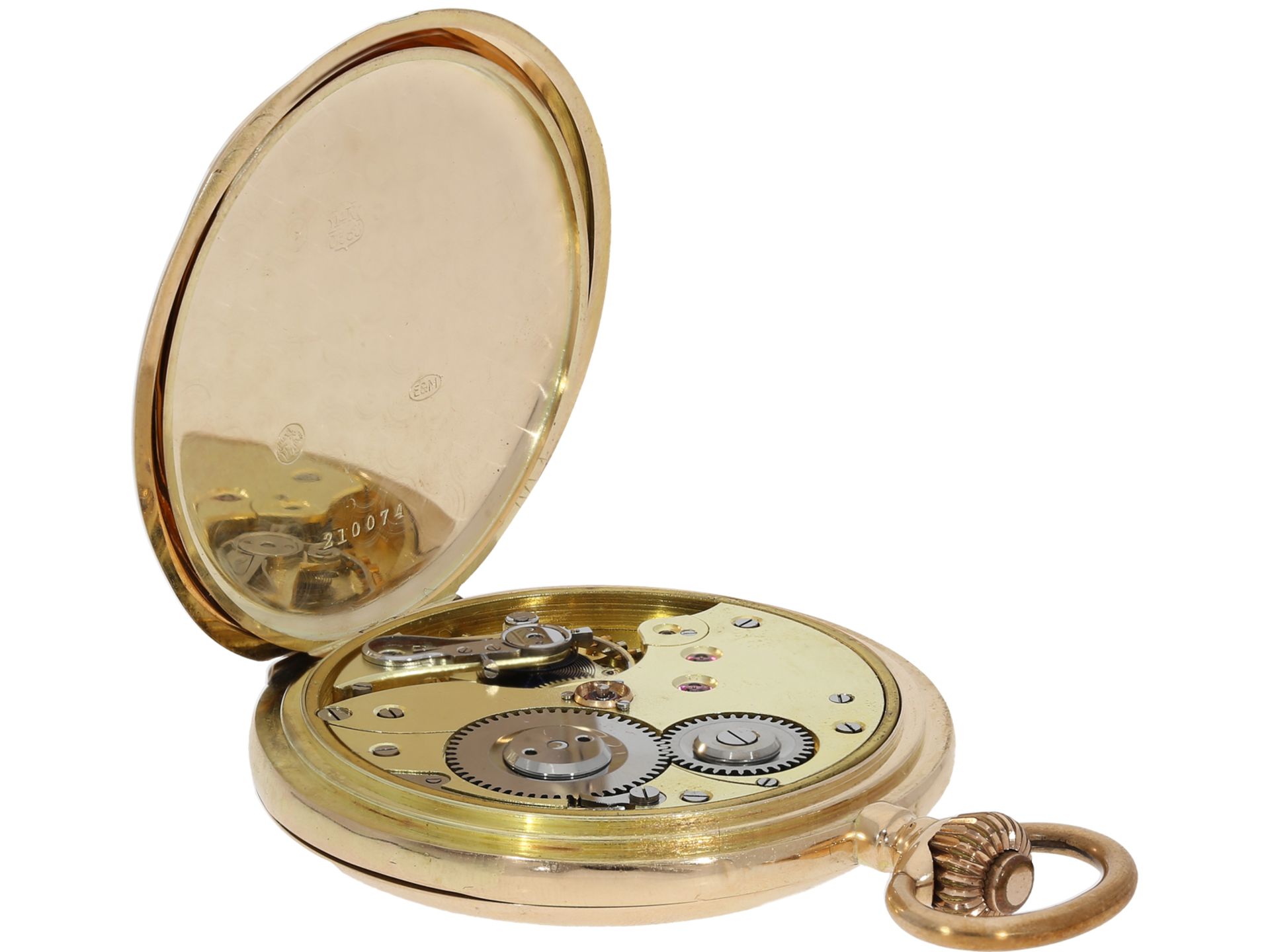 Taschenuhr: Goldsavonnette um 1910, System Glashütte: Ca. Ø 52mm, ca. 90g, 14K Rotgold, Savonnette - Bild 4 aus 7