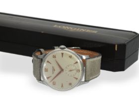 Armbanduhr: große Longines Ref. 7090 in Stahl, ca. 1950, mit Originalbox: Ca. Ø 36mm, Edelstahl,