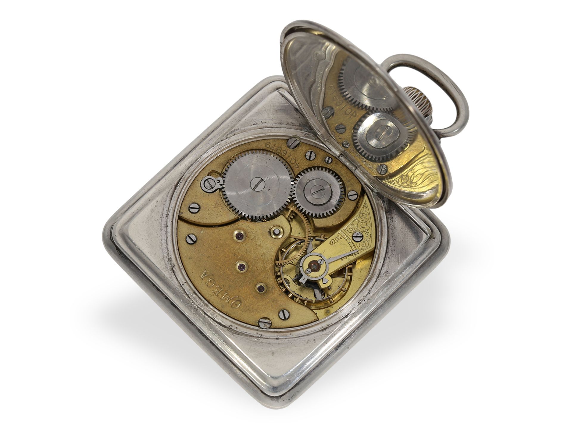 Taschenuhr: seltene quadratische Taschenuhr von Omega, vermutlich um 1900: Ca.49 × 49 mm, ca. 76g, - Bild 2 aus 6