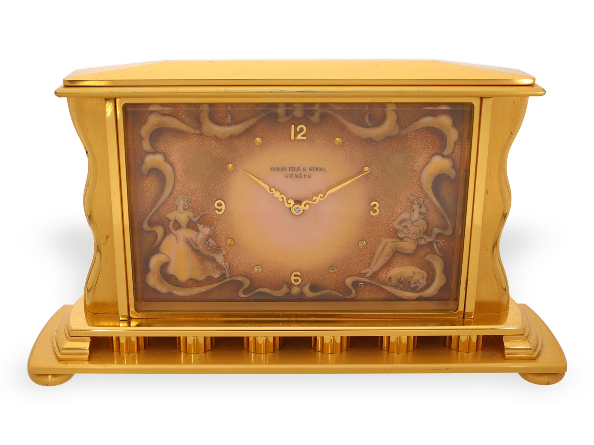 Attractive vintage table clock with enamel painting, Golay Fils & Stahl Geneve, ca. 1950