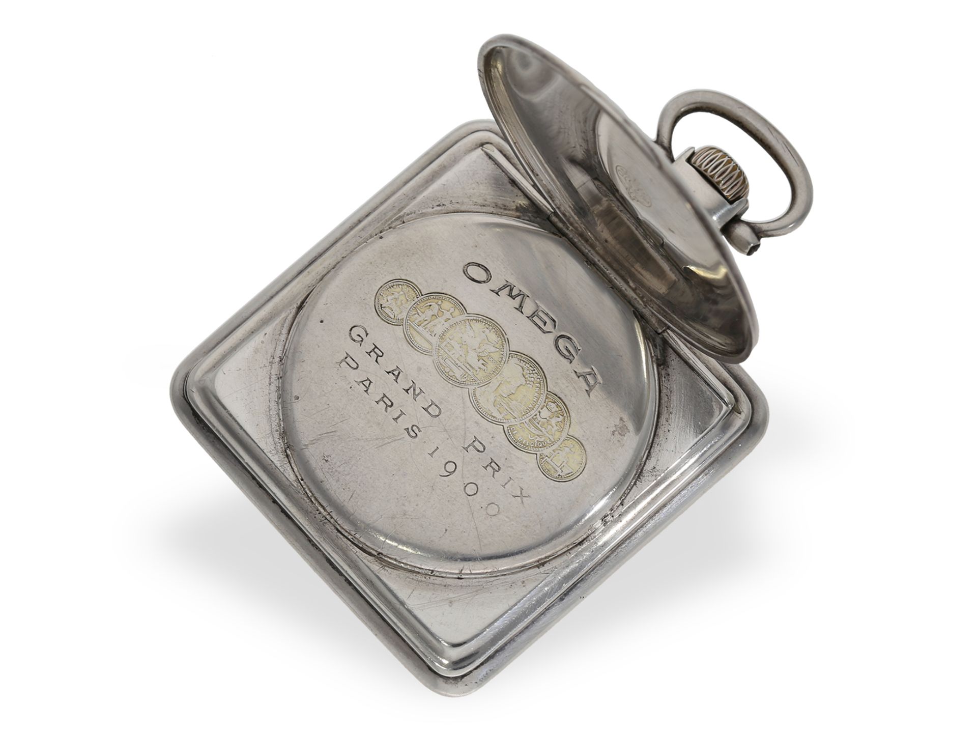 Taschenuhr: seltene quadratische Taschenuhr von Omega, vermutlich um 1900: Ca.49 × 49 mm, ca. 76g, - Bild 3 aus 6