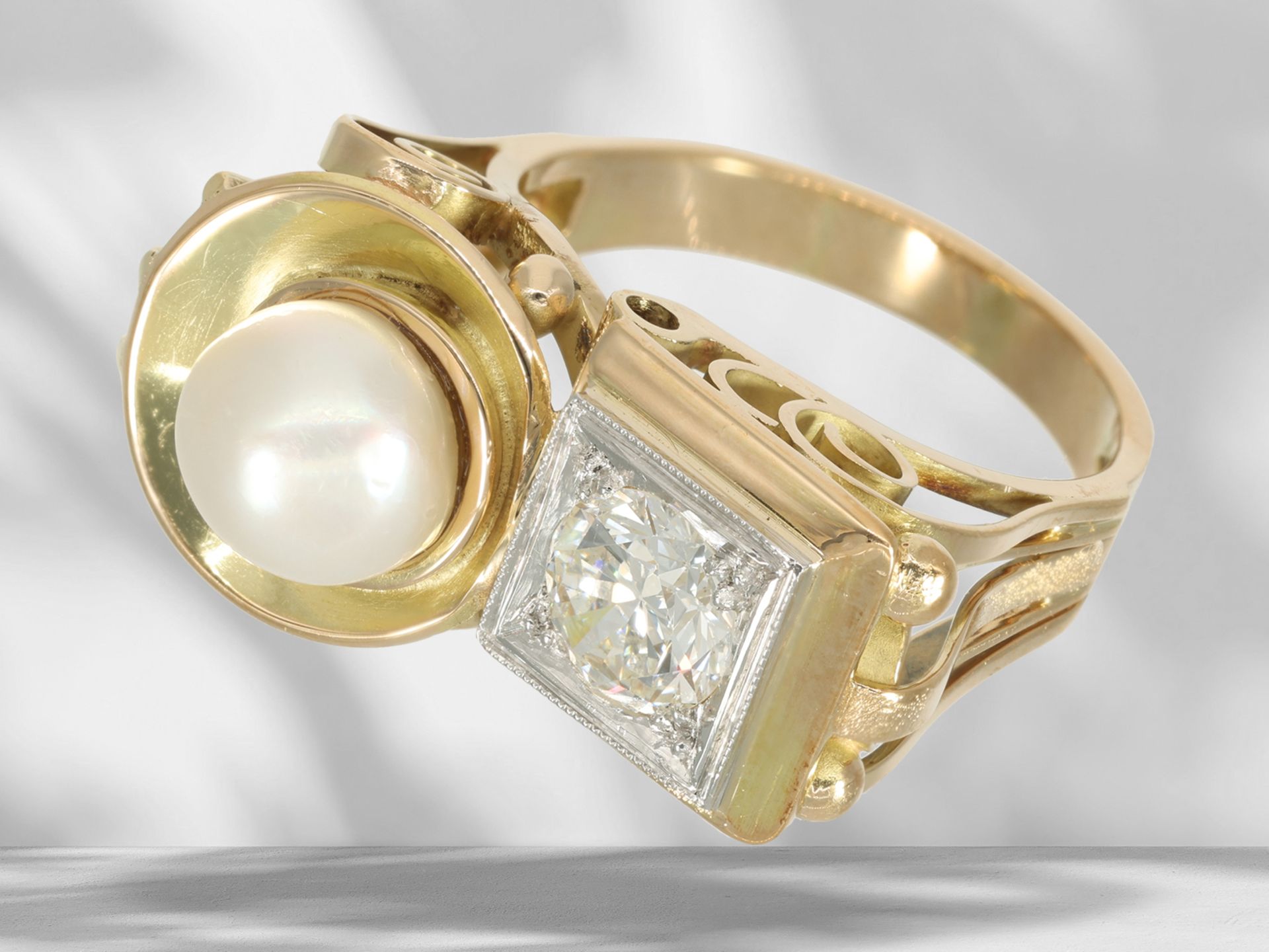 Ring: extremely beautiful, valuable antique pearl/diamond goldsmith ring, diamond of approx. 1.1ct - Image 5 of 6