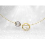 Modern, very noble goldsmith necklace with diamonds and a Tahiti cultured pearl, 18K gold handcrafte