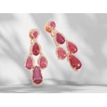 Extremely attractive, like new earrings with rubies and white topazes, silver gilt