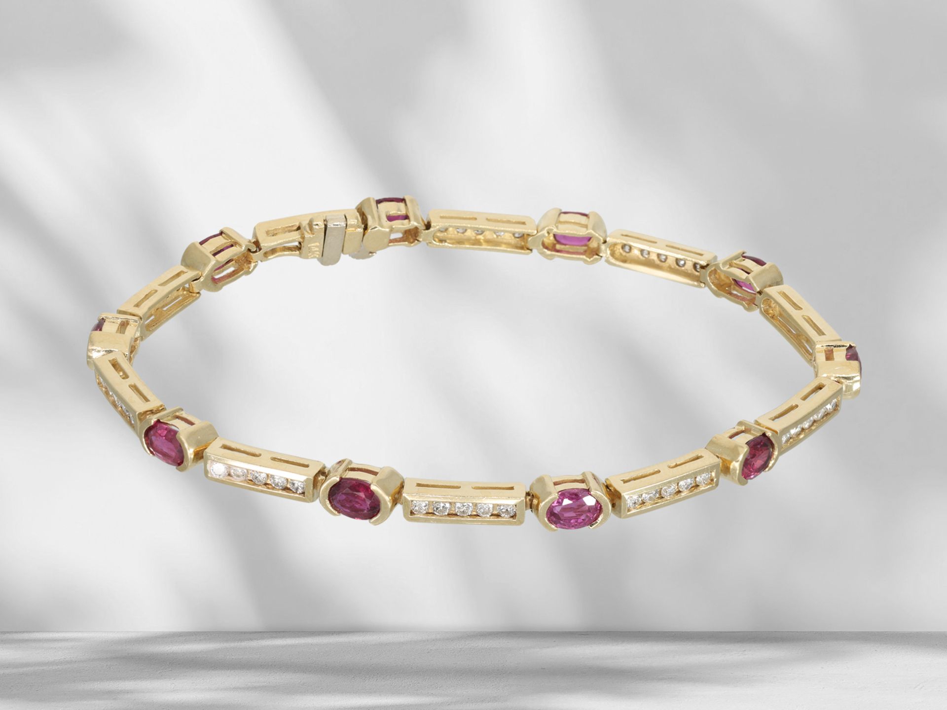 Bracelet: modern ruby/brilliant-cut diamond gold bracelet in 14K gold
