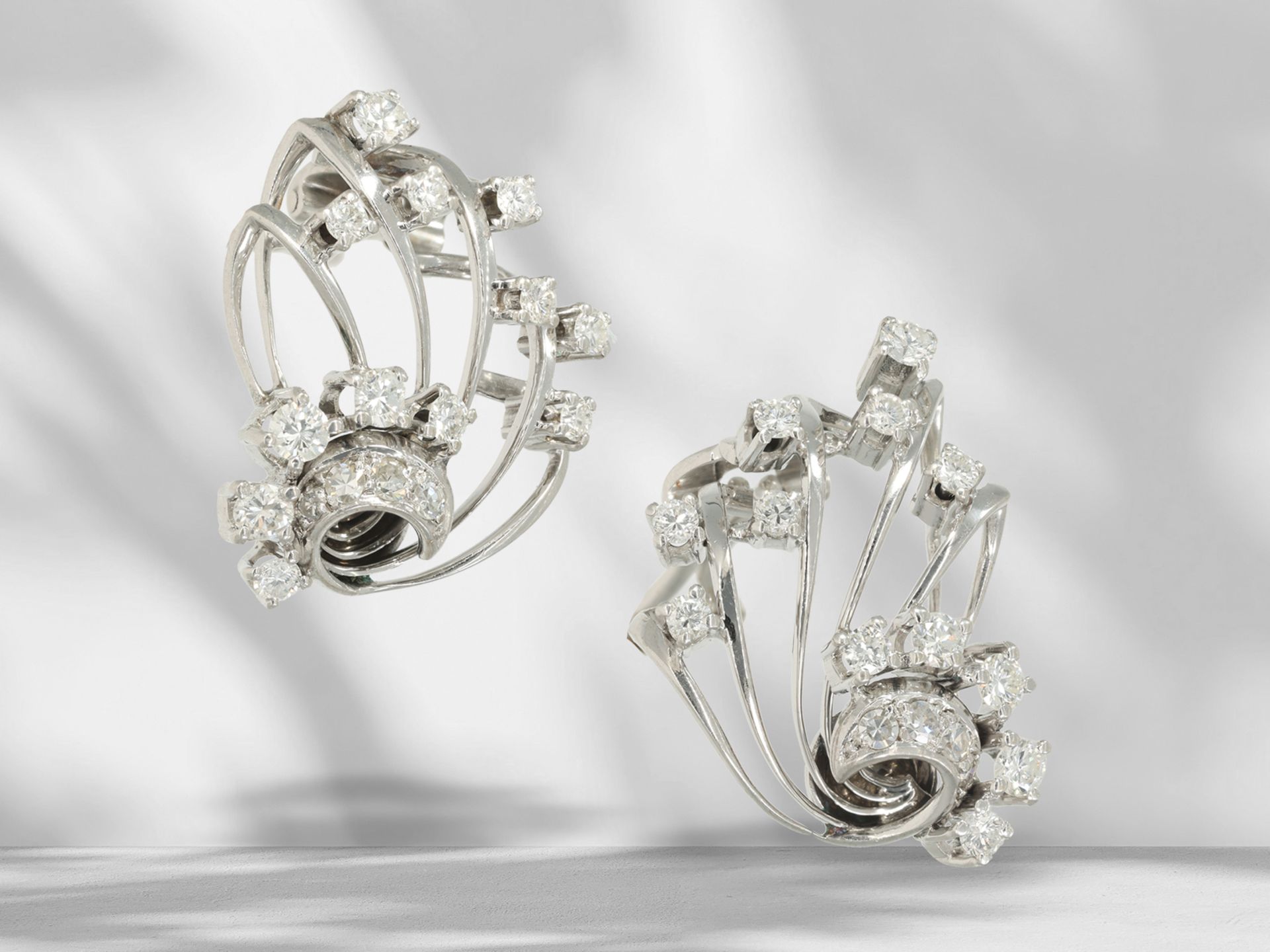 Earrings: decorative designer goldsmith work with brilliant-cut diamonds, 18K white gold, handmade b