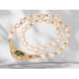 Decorative cultured pearl necklace with handmade gold clasp, opal, ruby and diamond setting, 18k yel