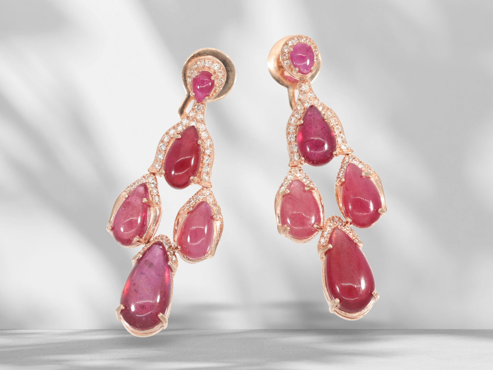 Extremely attractive, like new earrings with rubies and white topazes, silver gilt - Image 2 of 4