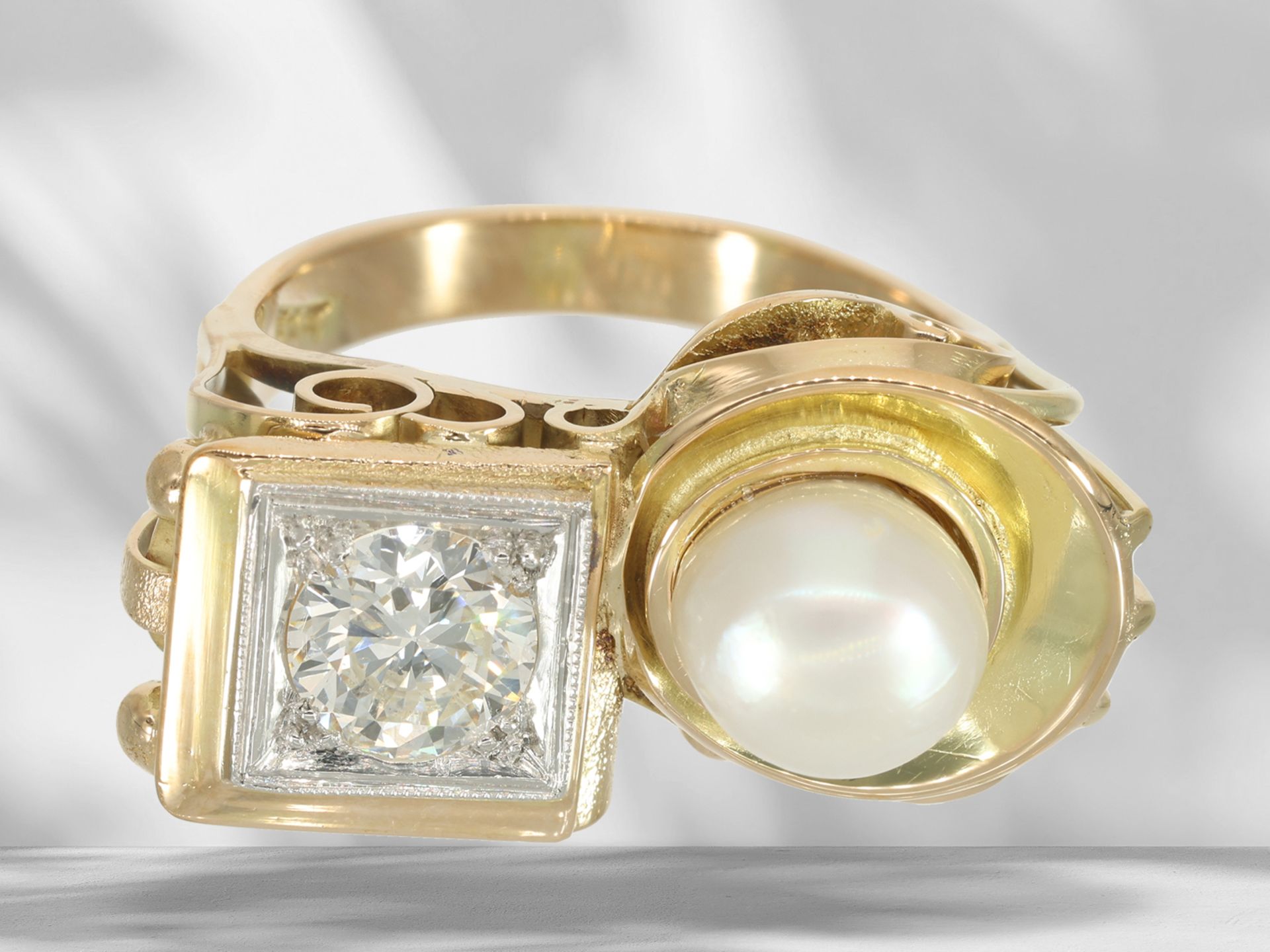 Ring: extremely beautiful, valuable antique pearl/diamond goldsmith ring, diamond of approx. 1.1ct - Image 3 of 6