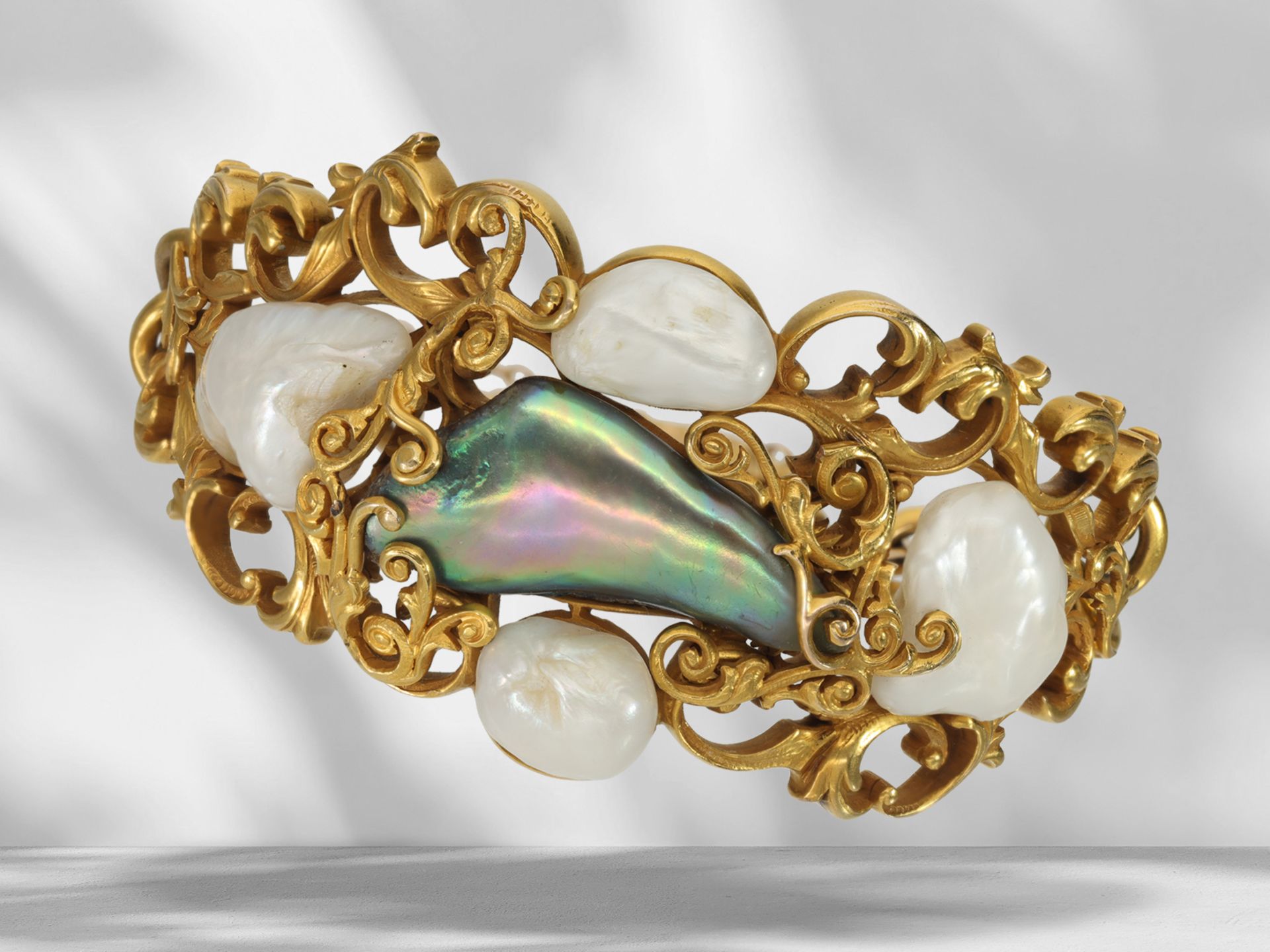 Bracelet: interesting and very unusual antique bracelet/bangle with rare baroque pearls, around 1900