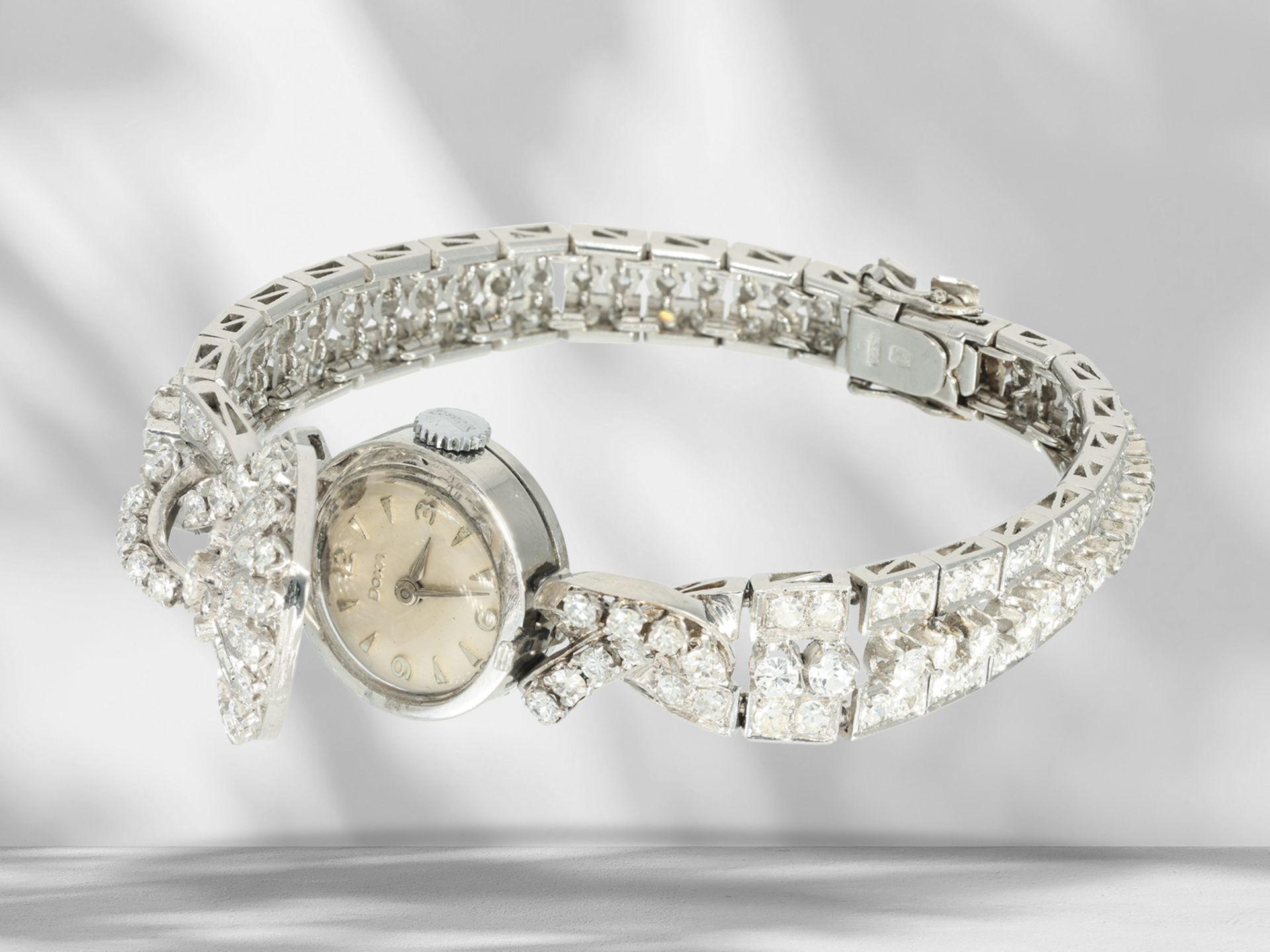 Very decorative vintage jewellery watch/cocktail watch made of platinum, completely set with diamond - Image 2 of 6