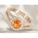 Ring: fine goldsmith ring with beautiful mandarin garnet and brilliant-cut diamonds, unworn, in 18K 