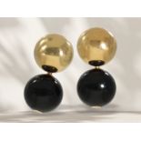 Attractive designer earrings with interchangeable black onyx beads, handcrafted from 18K yellow gold