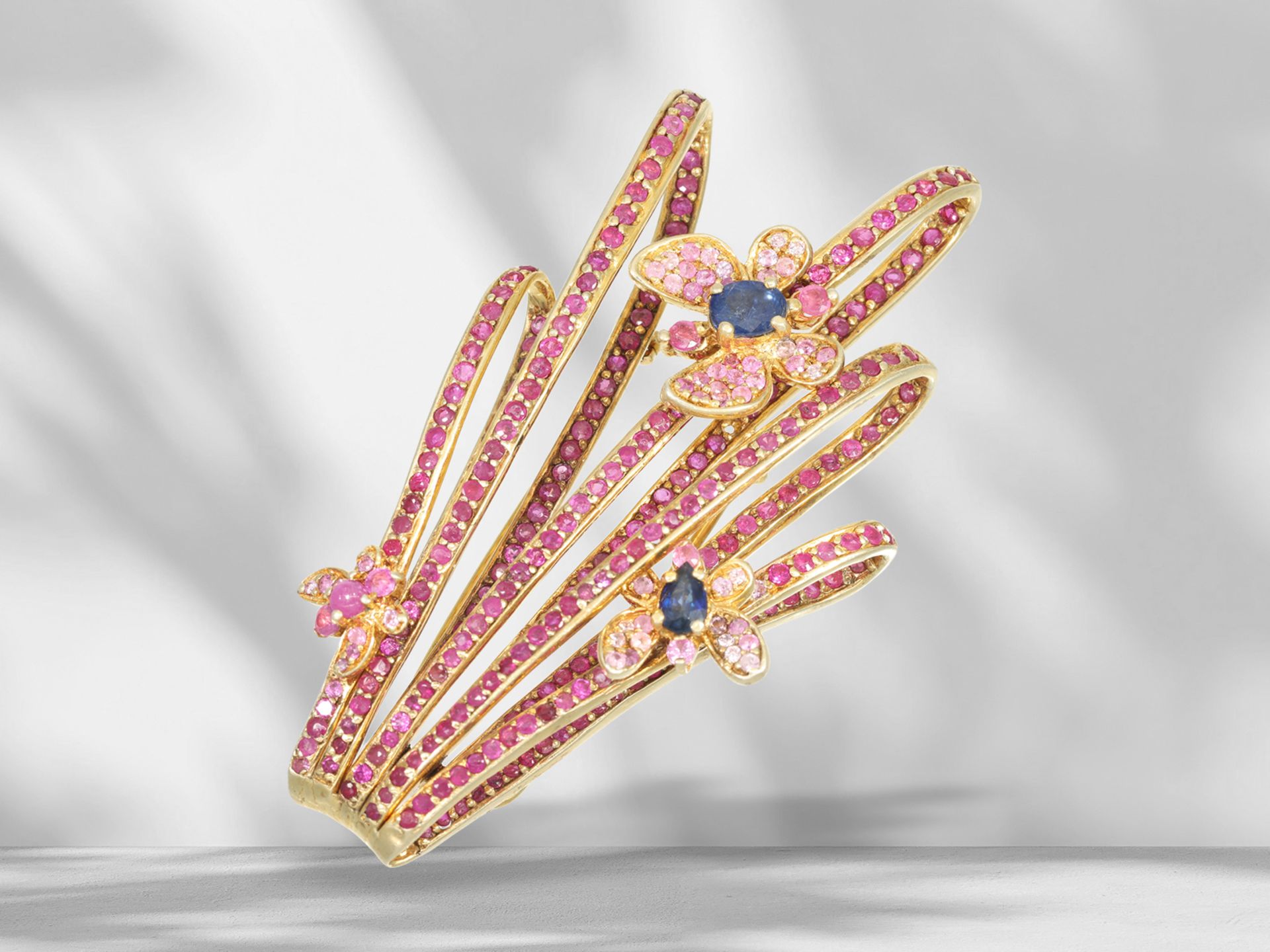 Extremely decorative designer brooch with sapphires and rubies, handmade from 925 silver gilt - Image 3 of 4