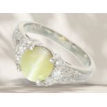 Ring: modern platinum ring with green cat's eye chrysoberyl of 2.43ct also, like new