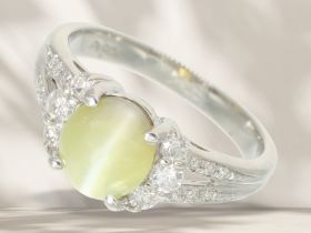 Ring: moderner Platinring mit grünem Cat's Eye Chrysoberyll von 2,43ct, neuwertig