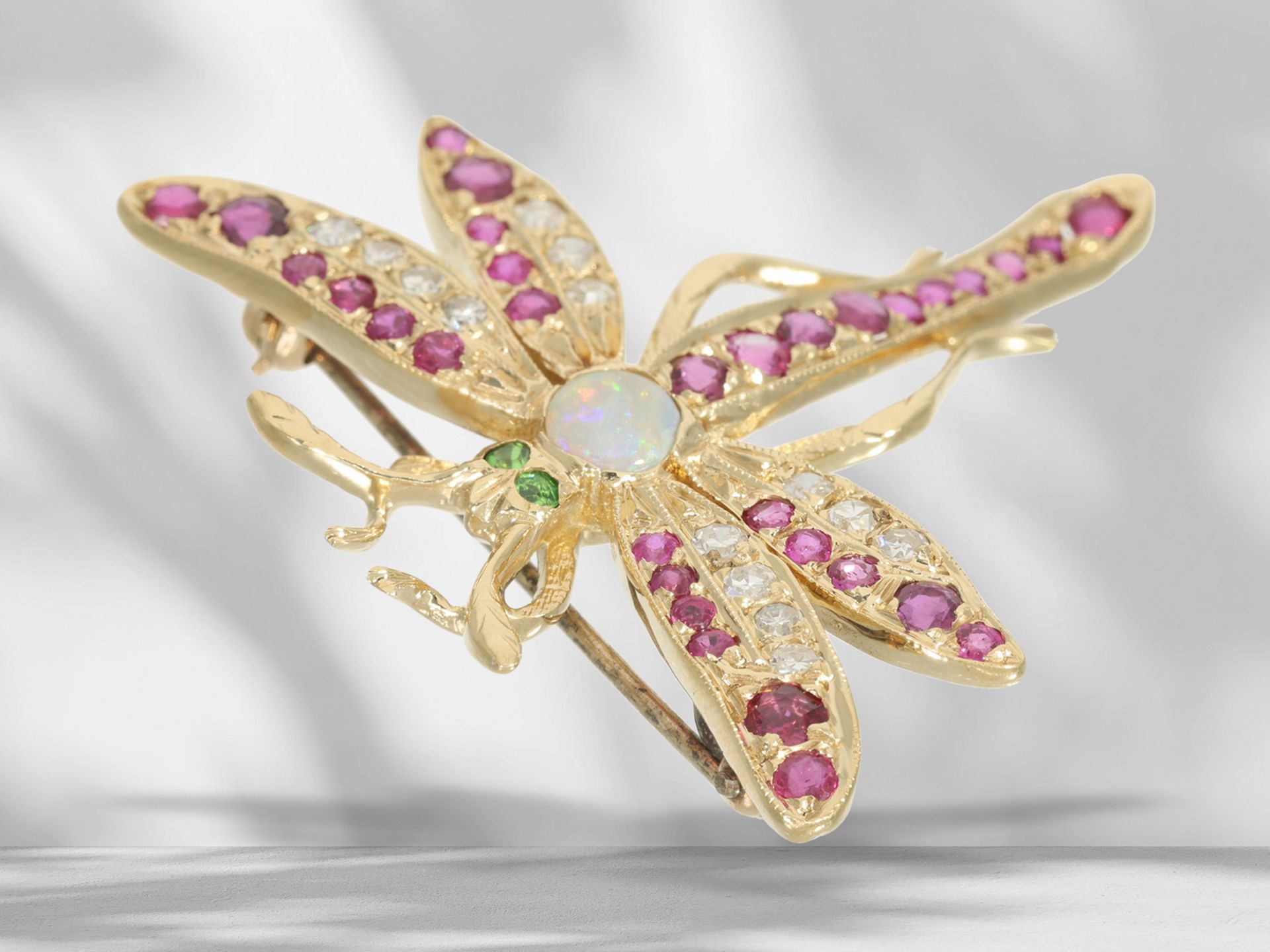 Brosche: ausgefallene, goldene vintage Brosche mit Farbsteinen und Diamanten besetzt, "Libelle" - Bild 4 aus 6
