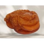 Figure/carving: Asian teak/amber carving, "Money frog/Feng Shui" motif