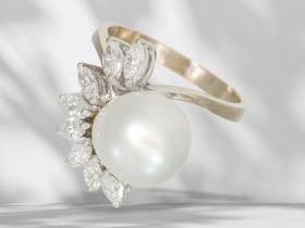 Ring: vintage Südseeperlen-Diamant-Goldschmiedering, Handarbeit aus 18K Gold
