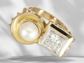 Ring: ausgesprochen schöner, wertvoller antiker Perle/Diamant-Goldschmiedering, Diamant von ca. 1,1c