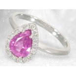 Finely worked ruby/brilliant-cut diamond goldsmith ring, very beautiful drop ruby, probably Burma.
