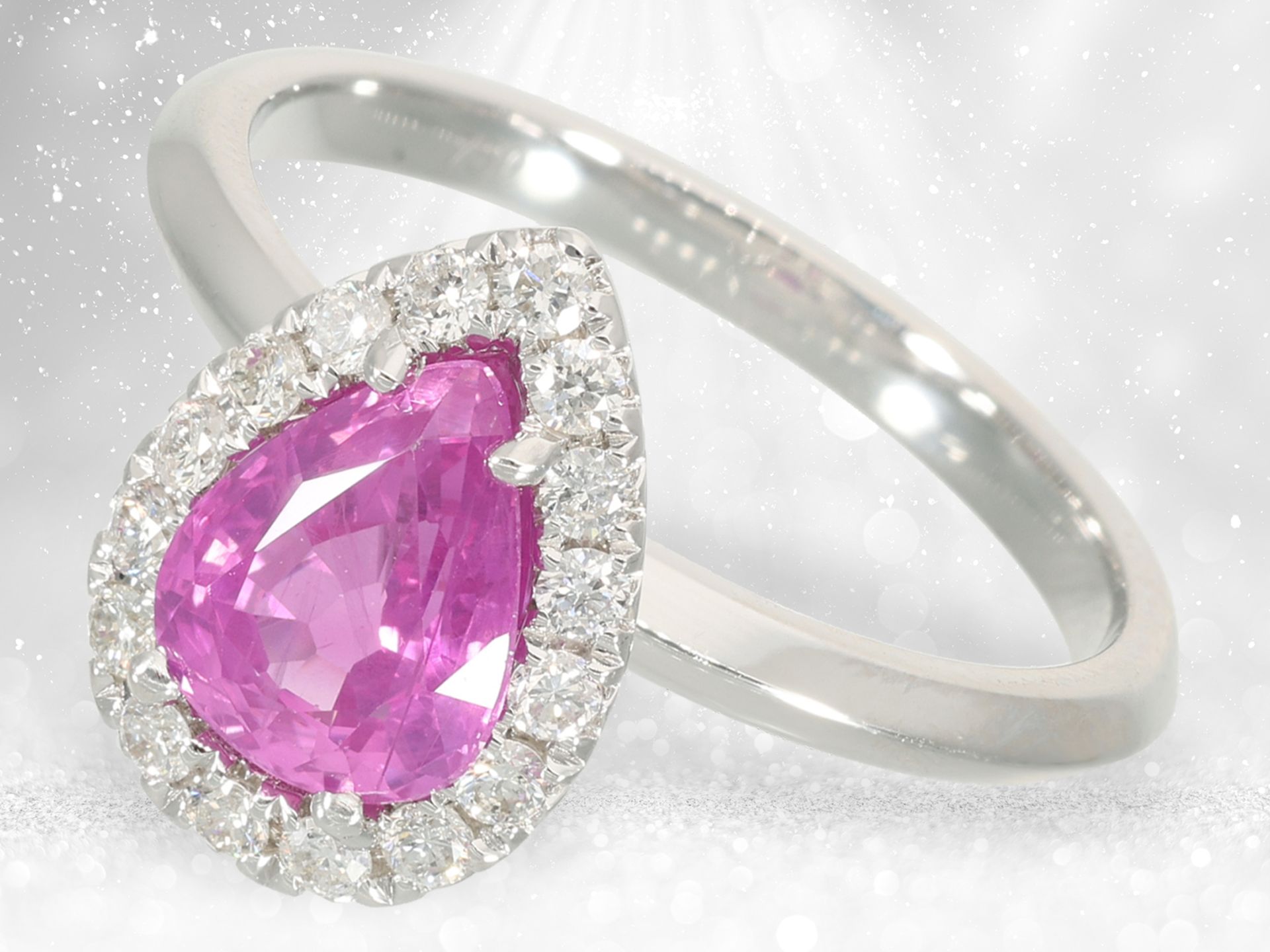 Finely worked ruby/brilliant-cut diamond goldsmith ring, very beautiful drop ruby, probably Burma.