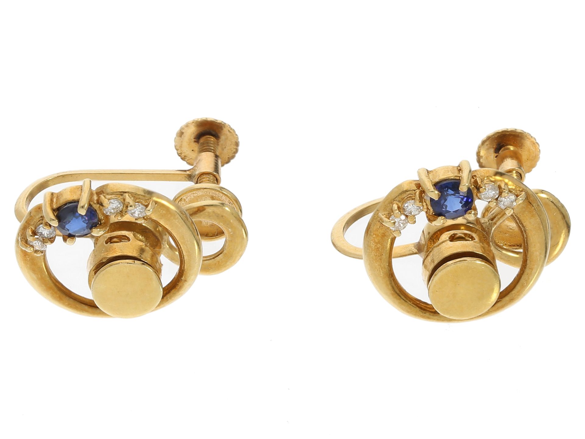 Ohrringe: raffinierte Designer Goldschmiedearbeit mit Saphiren und Brillanten besetzt, 18K Gold - Bild 2 aus 2