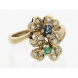 Ring: dekorativer vintage Blütenring mit Farbsteinen und Brillanten
