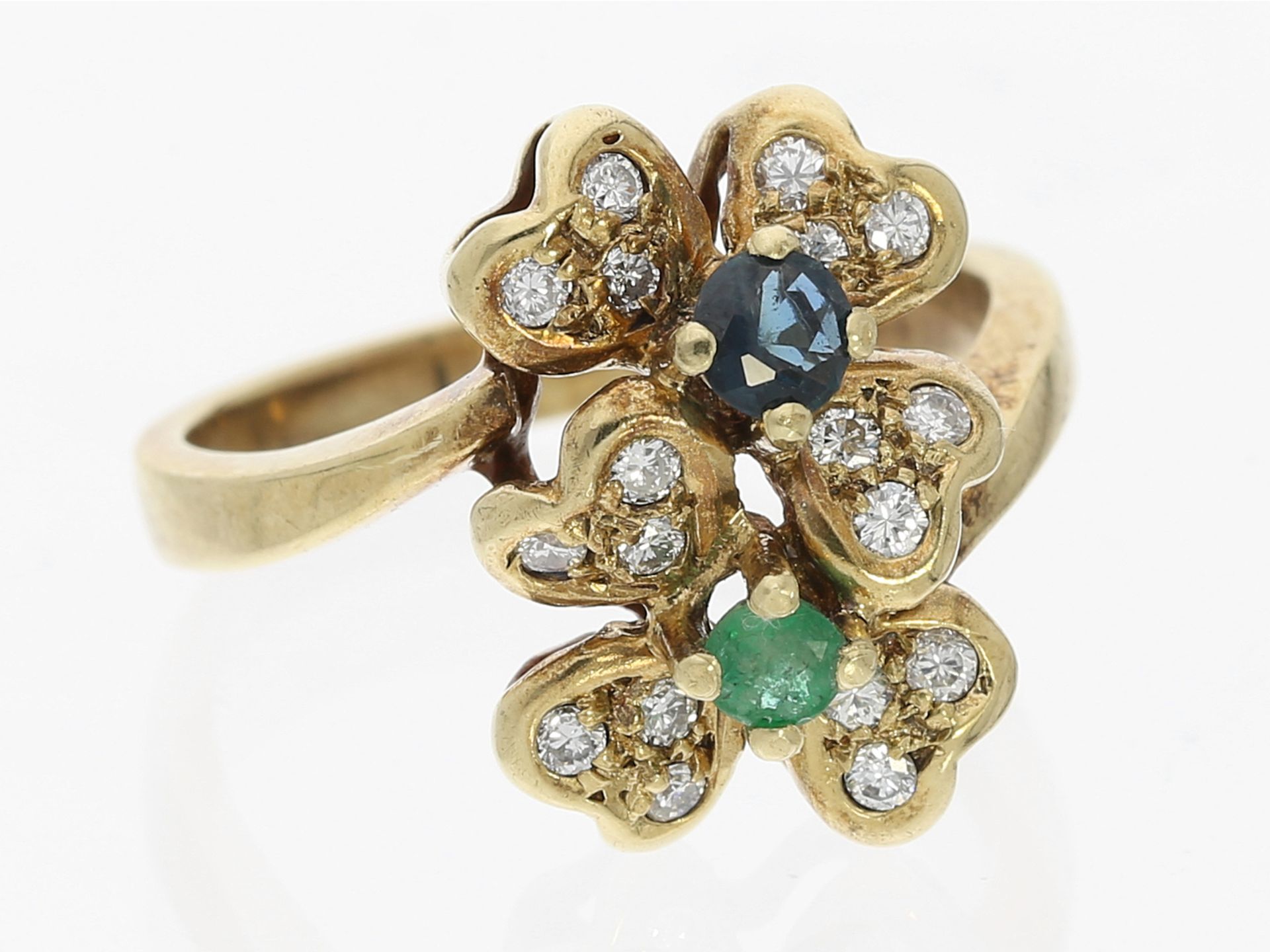 Ring: dekorativer vintage Blütenring mit Farbsteinen und Brillanten