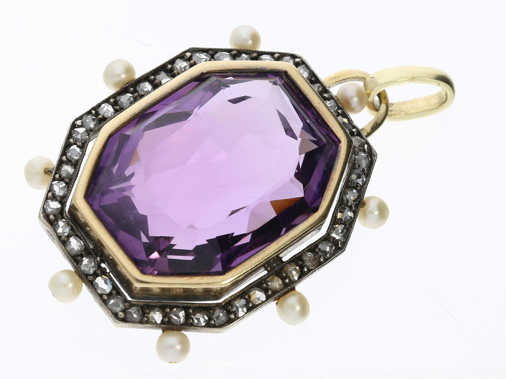 Anhänger: antiker Amethyst-Anhänger mit feinen Perlen und Diamantrosen - Bild 2 aus 2