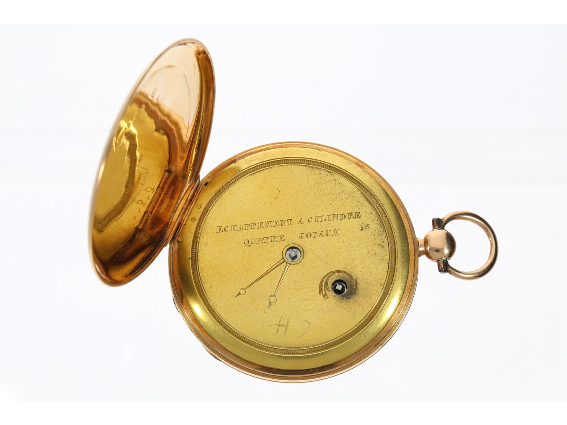 Taschenuhr: große, flache Zylinderuhr, Breguet-Typ Lepine, um 1820 - Bild 3 aus 4