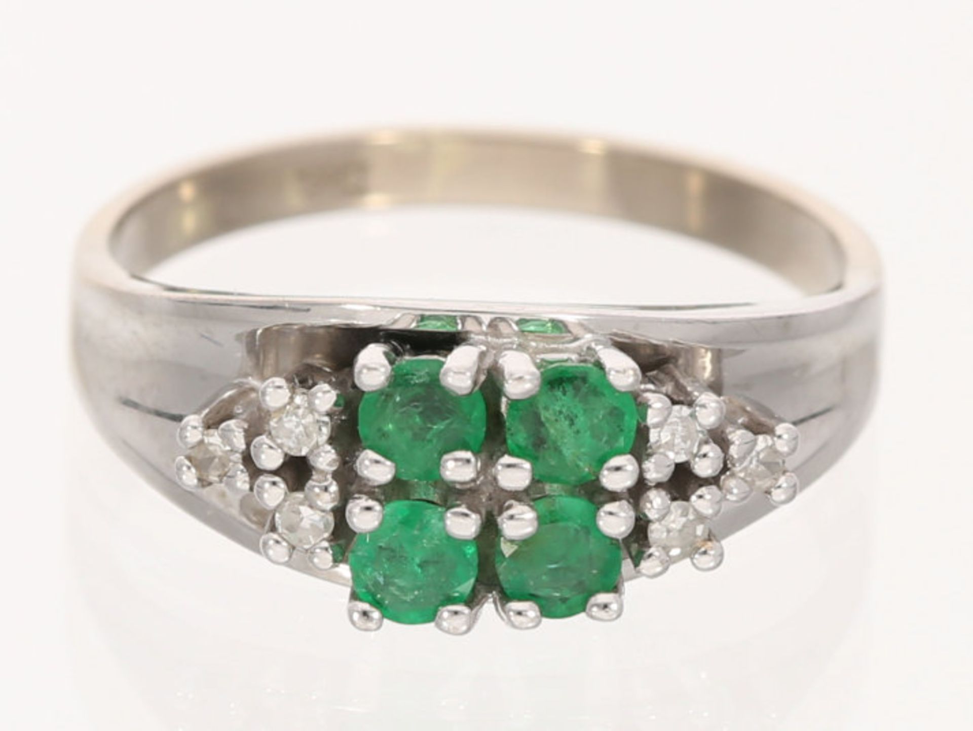 Ring: vintage Smaragd/Diamant-Goldschmiedering aus 14K Weißgold