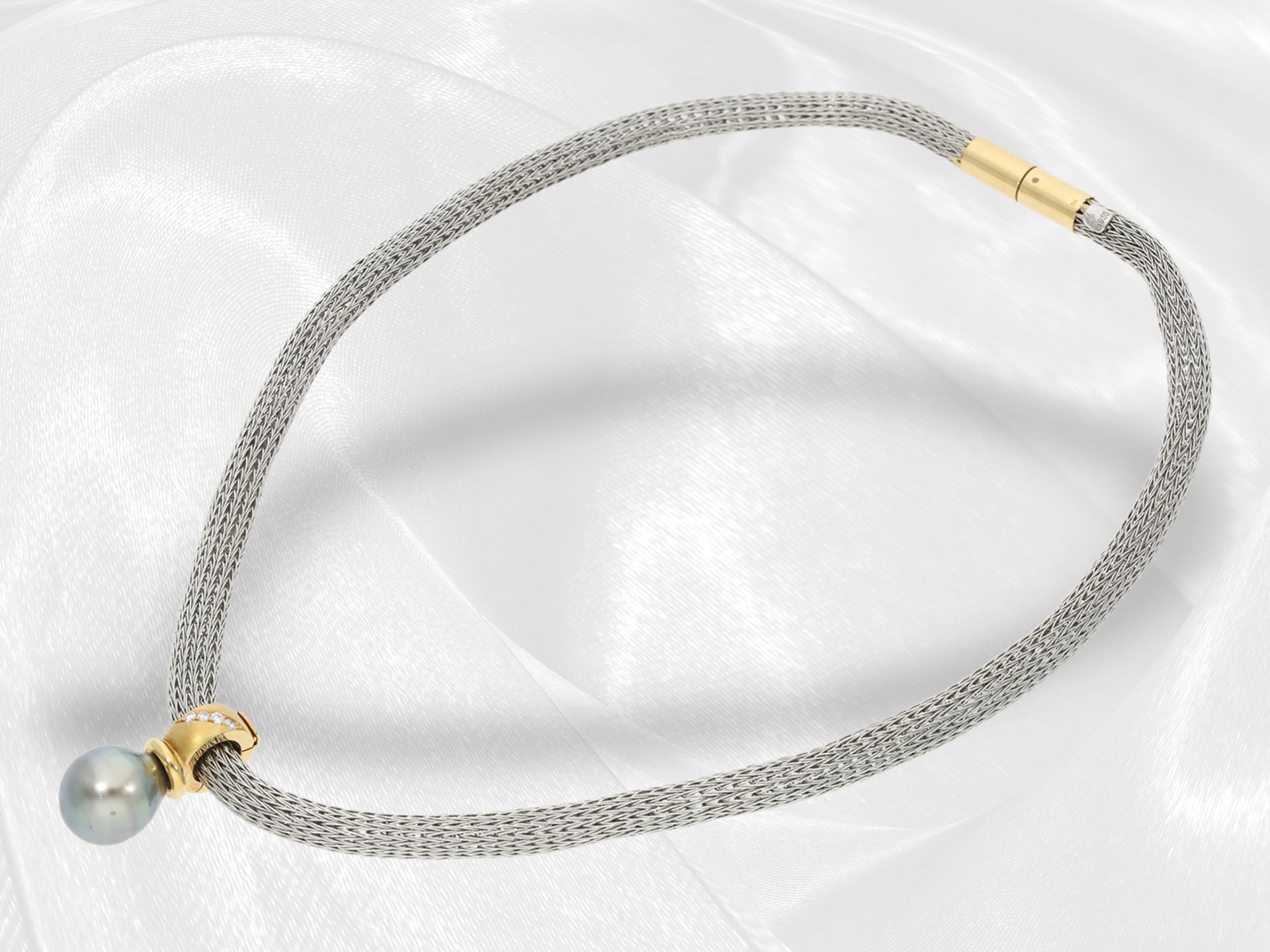 Kette/Collier: edle und moderne Platin Strumpf/Strickkette mit Brillant/Tahiti-Goldschmiedeanhänger - Bild 3 aus 3