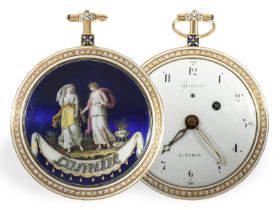 Taschenuhr: bedeutende, große Gold/Emaille Spindeluhr von Pierre Gregson Souvenir L'Amitié, ca.1790