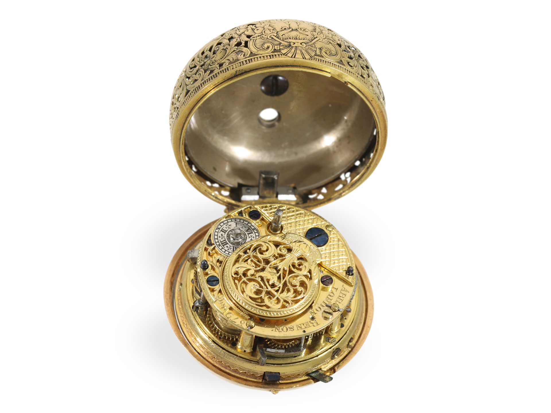 Important, museum-quality gold/enamel repoussé pocket watch with half-quarter repeater, A. Benson Lo - Image 10 of 15