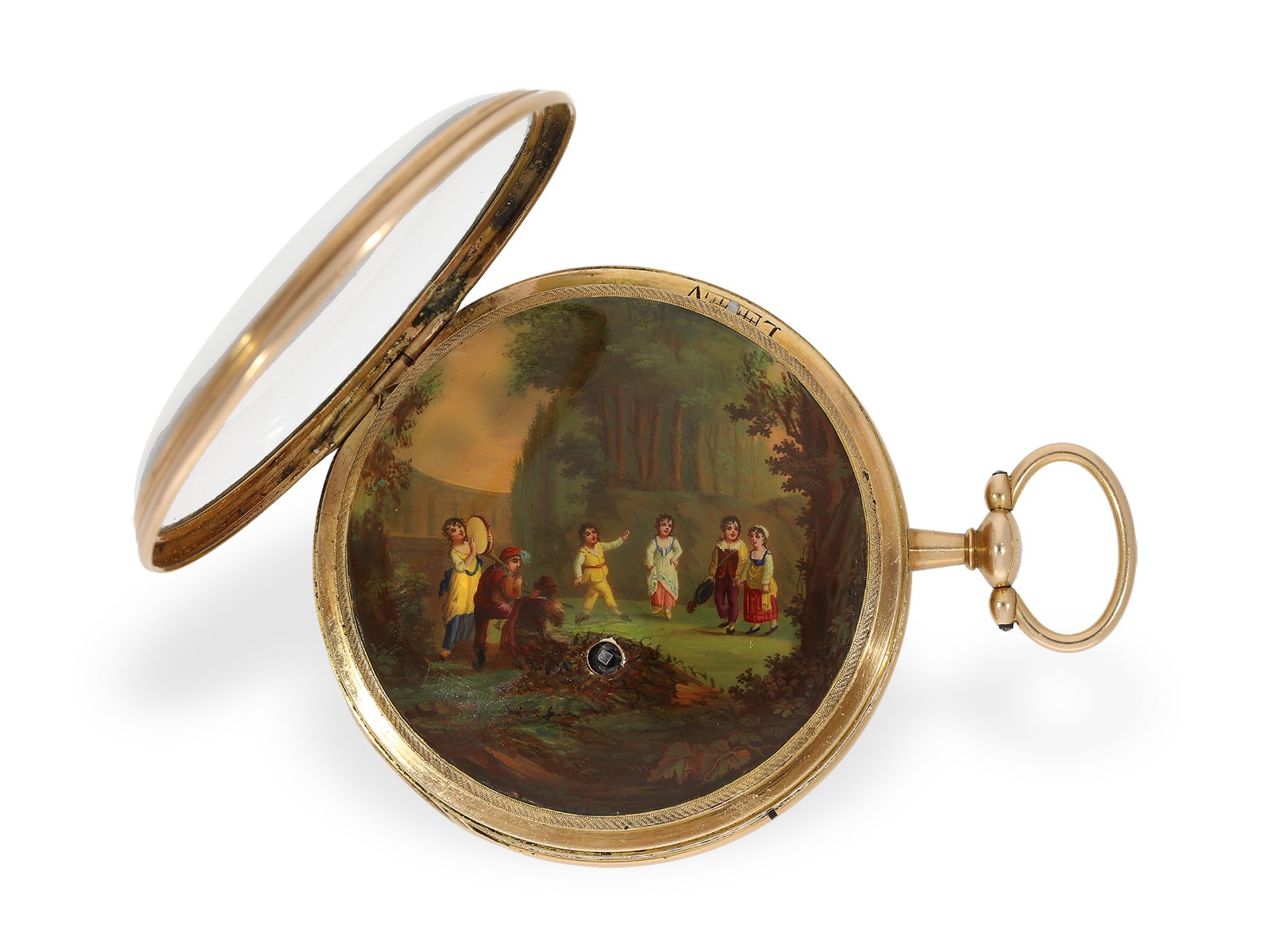 Pocket watch: large, unique gold/enamel pocket watch with musical movement, probably Geneva, ca. 180