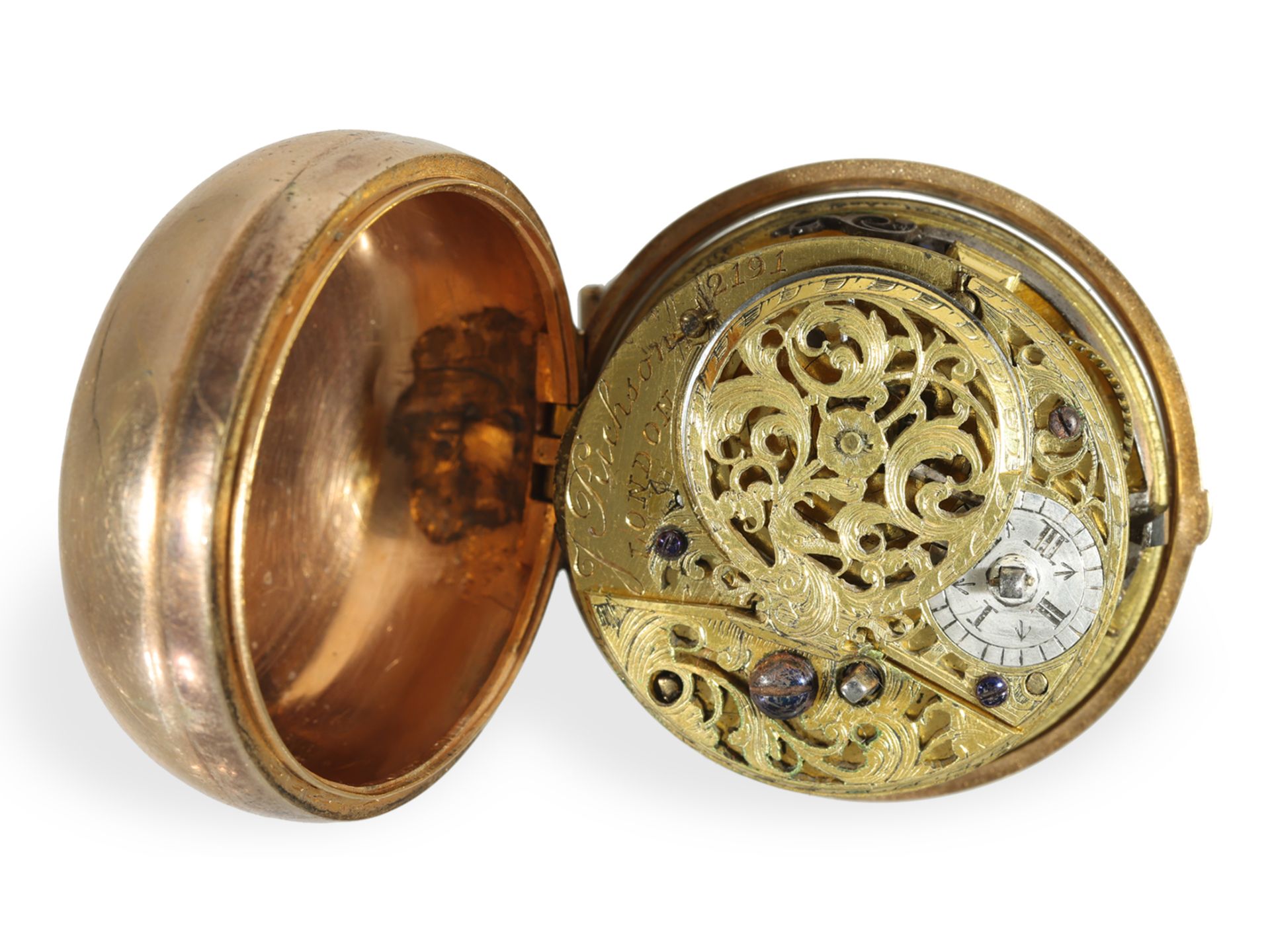 Pocket watch: unusual and very fine repoussé pair case verge watch ca. 1754 - Image 3 of 6