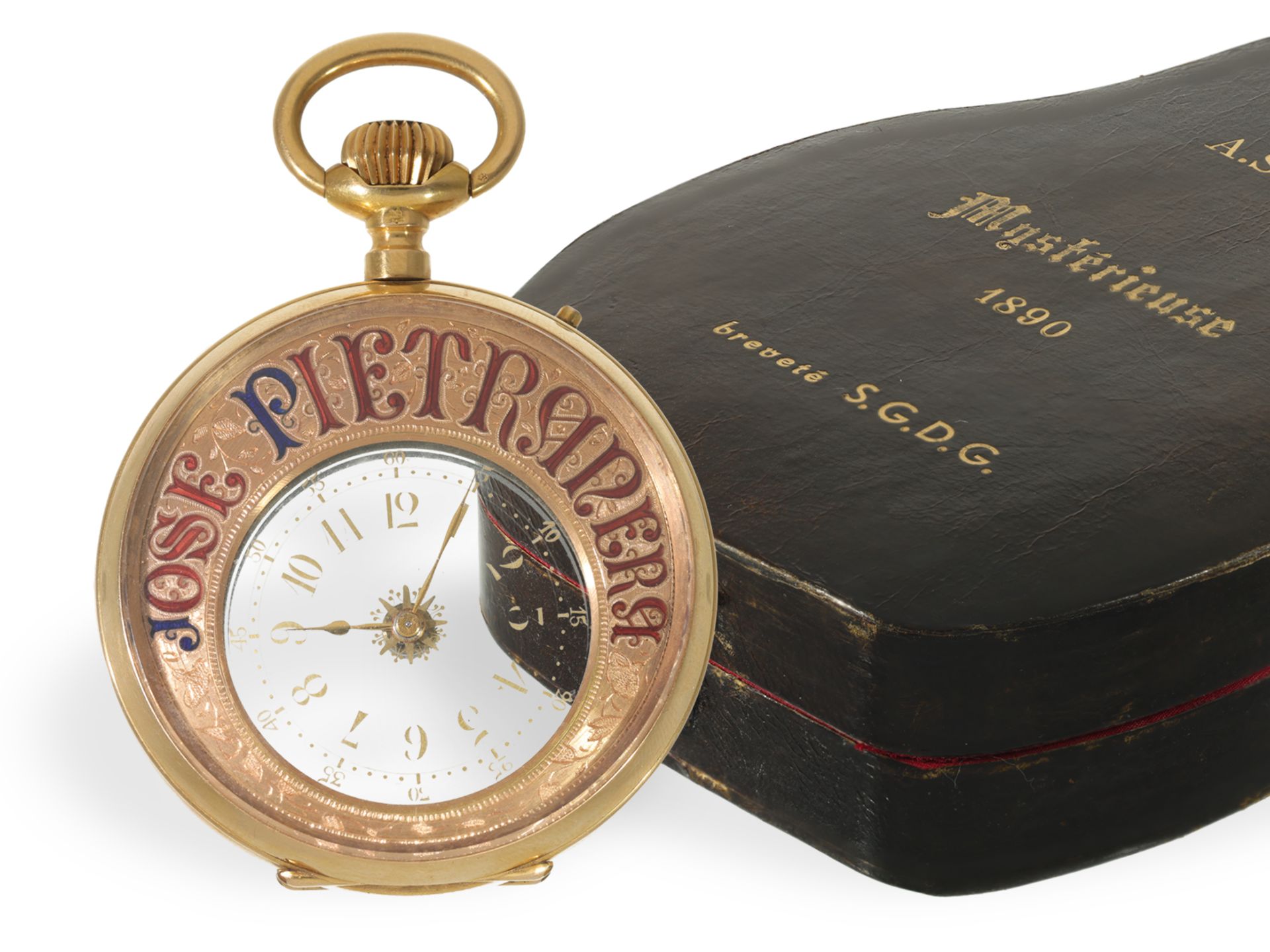 Taschenuhr: Unikat, extrem rare "Mysterieuse" in Gold mit Emailledekoration, Originalbox