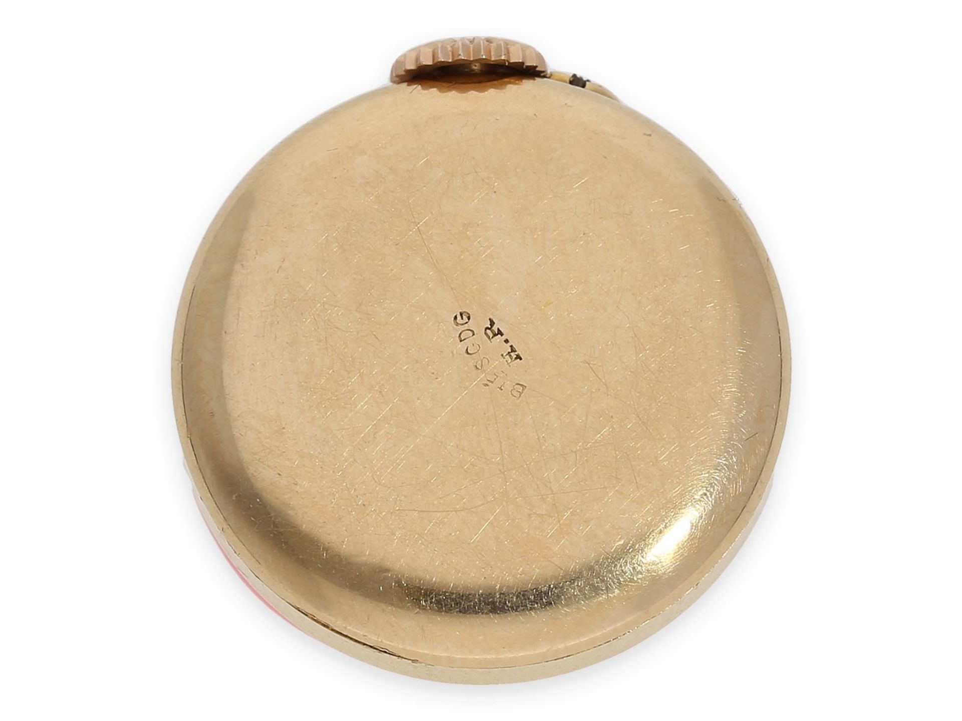 Knopfloch-Uhr: extrem rare Knopflochuhr in 18K Gold mit Diamant- und Rubinbesatz, punziert "bté s.g. - Bild 3 aus 5