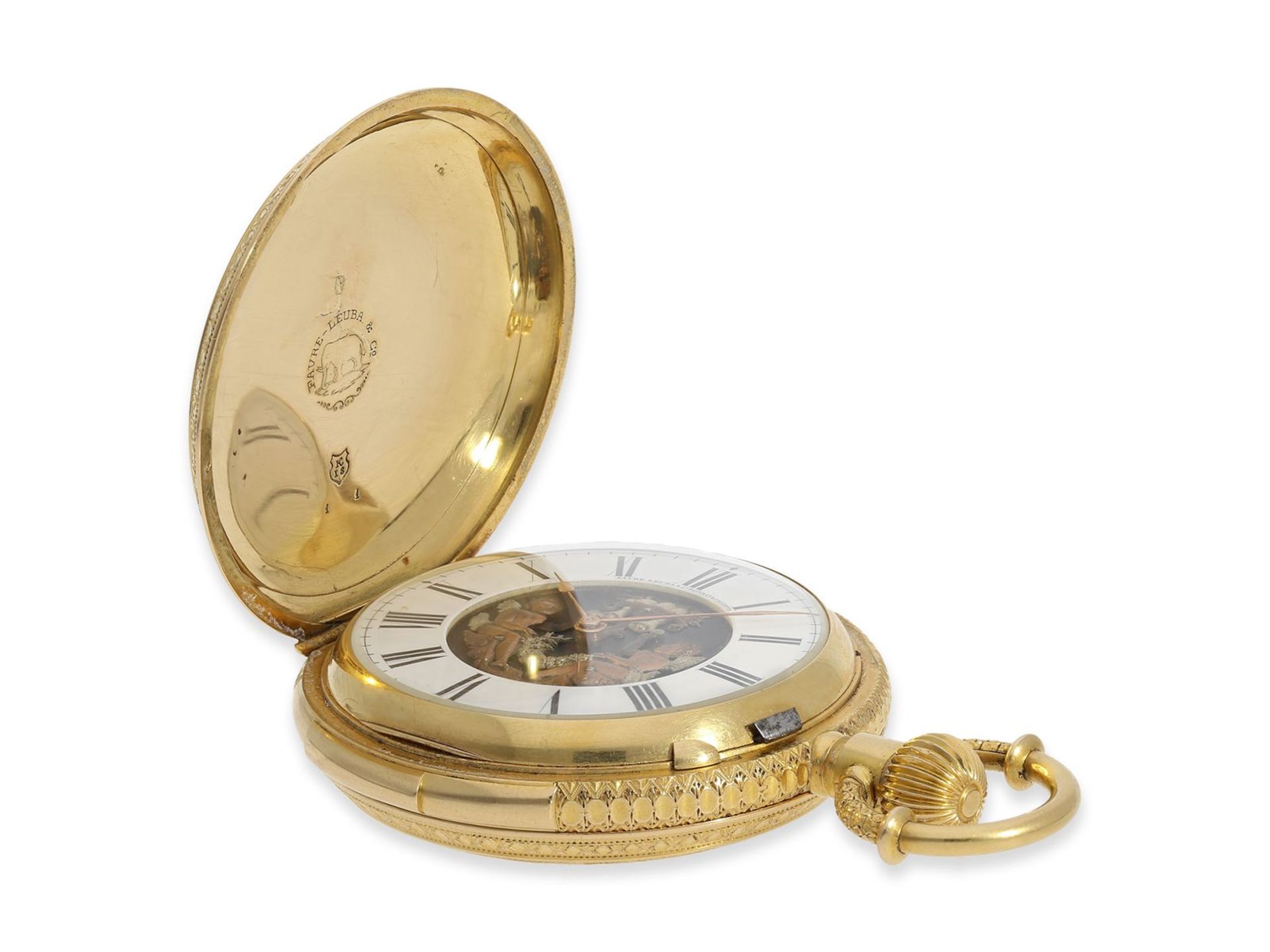 Pocket watch: extremely rare gold/enamel hunting case watch set with pearls and diamonds and figure  - Image 6 of 8