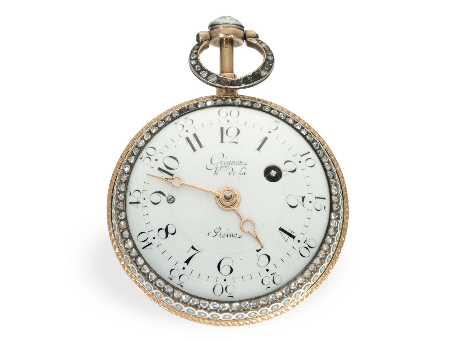 Taschenuhr: museale Gold/Emaille Spindeluhr mit Repetition und Chatelaine, königl. Uhrmacher Grignon - Bild 4 aus 8