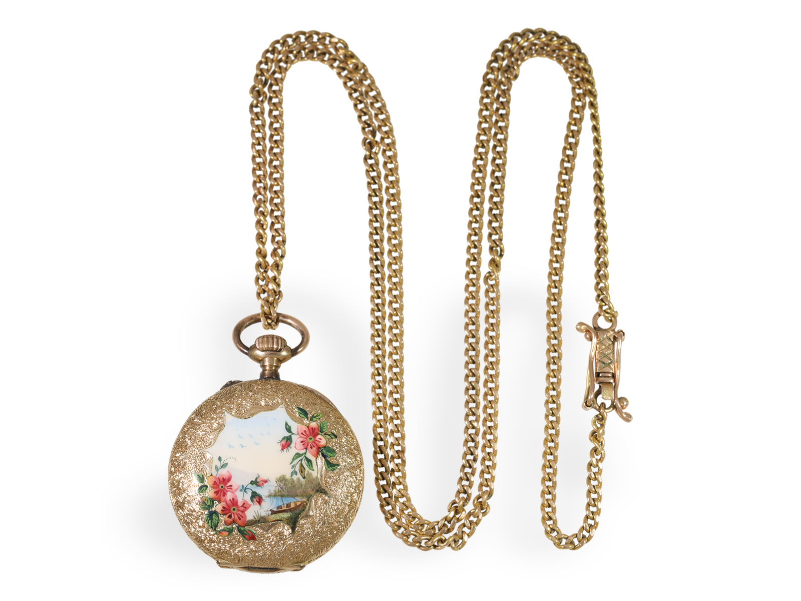 Pendant watch: extremely fine gold/enamel ladies' watch with painting and long gold chain, around 19