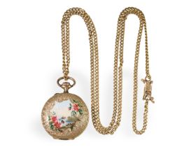 Anhängeuhr: Hochfeine Gold/Emaille Damenuhr mit Lupenmalerei und langer Goldkette, um 1900