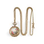 Pendant watch: extremely fine gold/enamel ladies' watch with painting and long gold chain, around 19