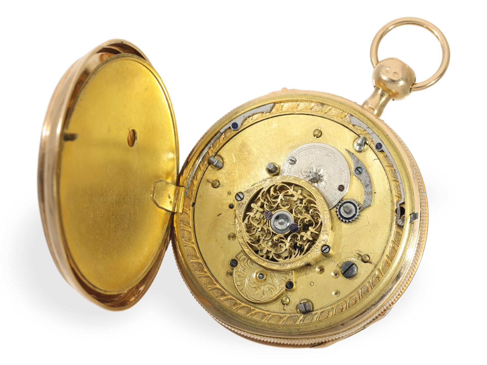 Taschenuhr: großer goldener, skelettierter Figurenautomat Jacquemart mit Emaillemalerei, ca. 1810 - Bild 4 aus 5